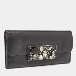 Pre Owned Prada Black Saffiano Leather Crystals Embellished Continental Wallet