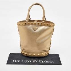Prada Metallic Gold Saffiano Vernice Leather Studded Satchel