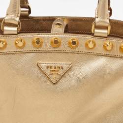 Prada Metallic Gold Saffiano Vernice Leather Studded Satchel
