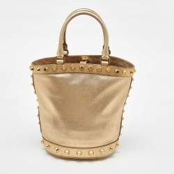 Prada Metallic Gold Saffiano Vernice Leather Studded Satchel