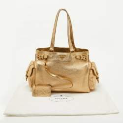 Pre Owned Prada Gold Leather Vitello Daino Side Pocket Shoulder Bag