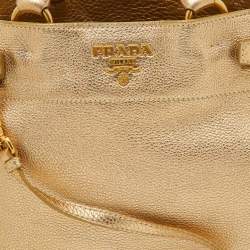 Pre Owned Prada Gold Leather Vitello Daino Side Pocket Shoulder Bag