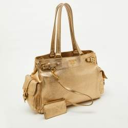 Pre Owned Prada Gold Leather Vitello Daino Side Pocket Shoulder Bag