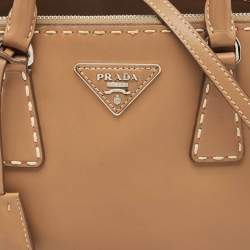 Pre Owned Prada Tan Leather Mini Stitched Double Zip Tote
