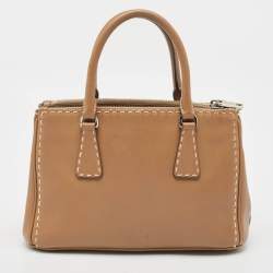 Pre Owned Prada Tan Leather Mini Stitched Double Zip Tote