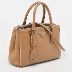 Pre Owned Prada Tan Leather Mini Stitched Double Zip Tote