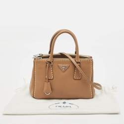 Pre Owned Prada Tan Leather Mini Stitched Double Zip Tote