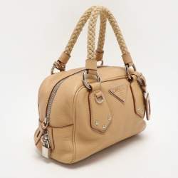 Prada Beige Vitello Daino Leather Rope Handle Bauletto Bowler Bag