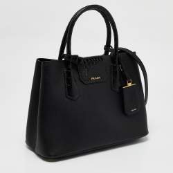 Pre Owned Prada Black Saffiano Cuir Leather and Alligator Small Double Handle Tote