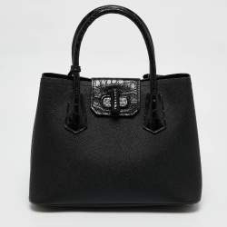 Pre Owned Prada Black Saffiano Cuir Leather and Alligator Small Double Handle Tote