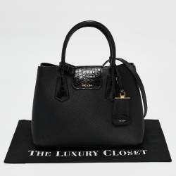 Pre Owned Prada Black Saffiano Cuir Leather and Alligator Small Double Handle Tote