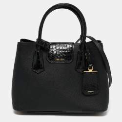 Pre Owned Prada Black Saffiano Cuir Leather and Alligator Small Double Handle Tote