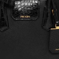 Pre Owned Prada Black Saffiano Cuir Leather and Alligator Small Double Handle Tote