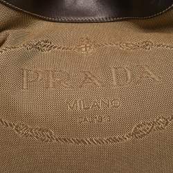 Pre Owned Prada Brown/Beige Logo Jacquard and Leather Side Pocket Shoulder Bag