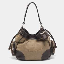 Pre Owned Prada Brown/Beige Logo Jacquard and Leather Side Pocket Shoulder Bag
