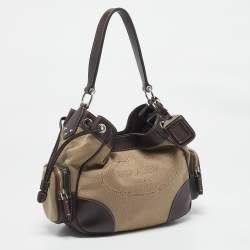 Pre Owned Prada Brown/Beige Logo Jacquard and Leather Side Pocket Shoulder Bag