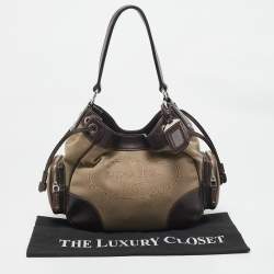 Pre Owned Prada Brown/Beige Logo Jacquard and Leather Side Pocket Shoulder Bag