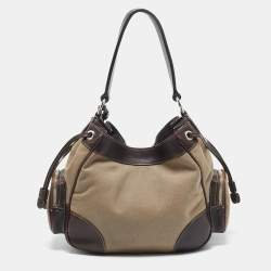 Pre Owned Prada Brown/Beige Logo Jacquard and Leather Side Pocket Shoulder Bag