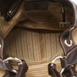 Pre Owned Prada Brown/Beige Logo Jacquard and Leather Side Pocket Shoulder Bag