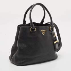 Pre Owned Prada Black Vitello Daino Leather Middle Zip Tote