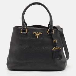 Pre Owned Prada Black Vitello Daino Leather Middle Zip Tote