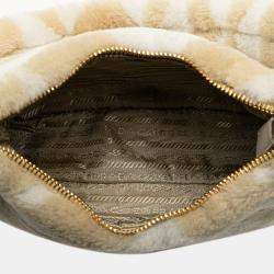 Prada Beige White Mini Shearling Symbole Re-Edition Satchel