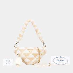 Prada Beige Brown Mini Shearling Symbole Triangle Satchel