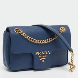Pre Owned Prada Blue Saffiano Leather Flap Chain Shoulder Bag