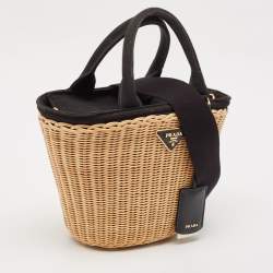 مملوكة مسبقًا Prada Black/Natural Wicker and Canvas Panier Bag