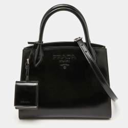 Pre Owned Prada Black Leather Small Monochrome Tote
