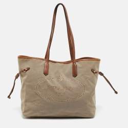 Pre Owned Prada Beige/Brown Logo Jacquard and Leather Shopper Tote