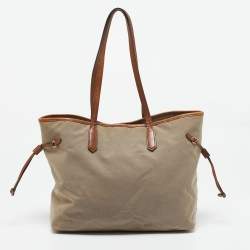 Pre Owned Prada Beige/Brown Logo Jacquard and Leather Shopper Tote
