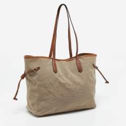 Pre Owned Prada Beige/Brown Logo Jacquard and Leather Shopper Tote