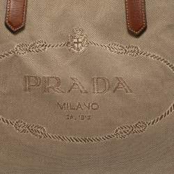 Pre Owned Prada Beige/Brown Logo Jacquard and Leather Shopper Tote