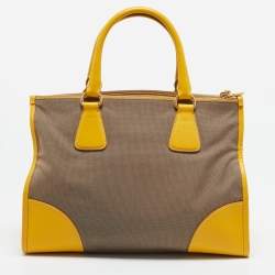 Pre Owned Prada Yellow/Beige Logo Jacquard and Leather Double Zip Tote
