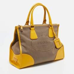 Pre Owned Prada Yellow/Beige Logo Jacquard and Leather Double Zip Tote