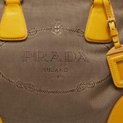 Pre Owned Prada Yellow/Beige Logo Jacquard and Leather Double Zip Tote