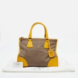 Pre Owned Prada Yellow/Beige Logo Jacquard and Leather Double Zip Tote