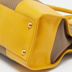 Pre Owned Prada Yellow/Beige Logo Jacquard and Leather Double Zip Tote