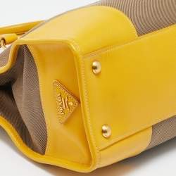 Pre Owned Prada Yellow/Beige Logo Jacquard and Leather Double Zip Tote