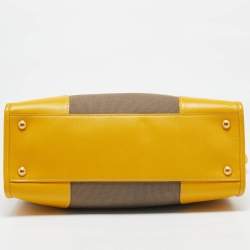 Pre Owned Prada Yellow/Beige Logo Jacquard and Leather Double Zip Tote