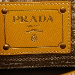 Pre Owned Prada Yellow/Beige Logo Jacquard and Leather Double Zip Tote