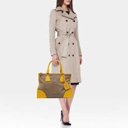 Pre Owned Prada Yellow/Beige Logo Jacquard and Leather Double Zip Tote