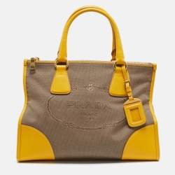 Pre Owned Prada Yellow/Beige Logo Jacquard and Leather Double Zip Tote