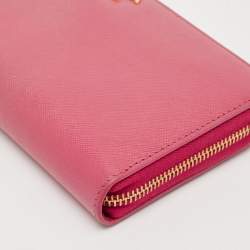 Pre Owned Prada Pink Saffiano Metal Leather Logo Zip Continental Wallet