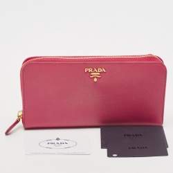 Pre Owned Prada Pink Saffiano Metal Leather Logo Zip Continental Wallet