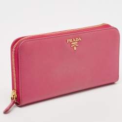 Pre Owned Prada Pink Saffiano Metal Leather Logo Zip Continental Wallet