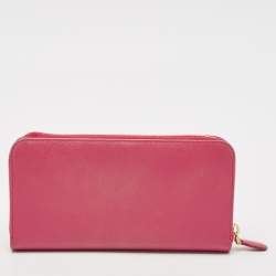 Pre Owned Prada Pink Saffiano Metal Leather Logo Zip Continental Wallet