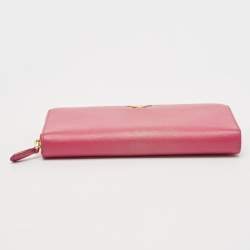 Pre Owned Prada Pink Saffiano Metal Leather Logo Zip Continental Wallet