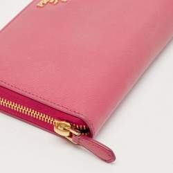 Pre Owned Prada Pink Saffiano Metal Leather Logo Zip Continental Wallet
